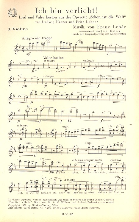 Ich bin verliebt Lied und Valse-Boston