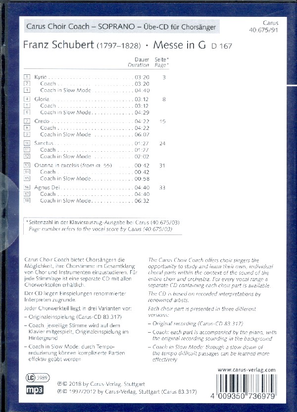 Messe G-Dur D167 - Chorstimme Sopran