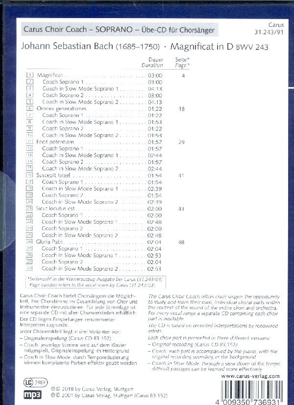 Magnificat D-Dur BWV243 - Chorstimme Sopran