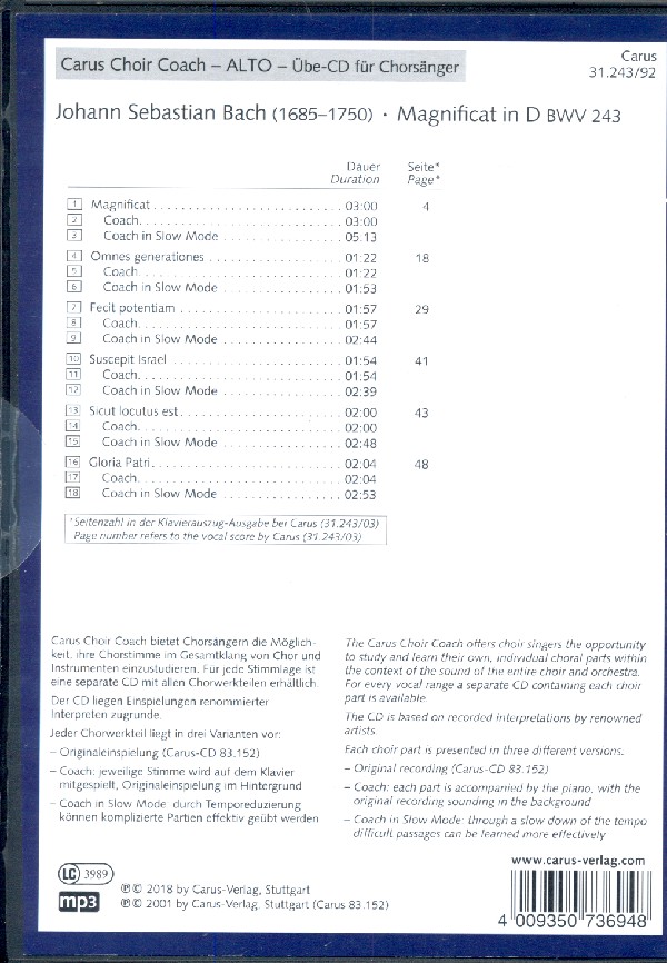 Magnificat D-Dur BWV243 - Chorstimme Alt