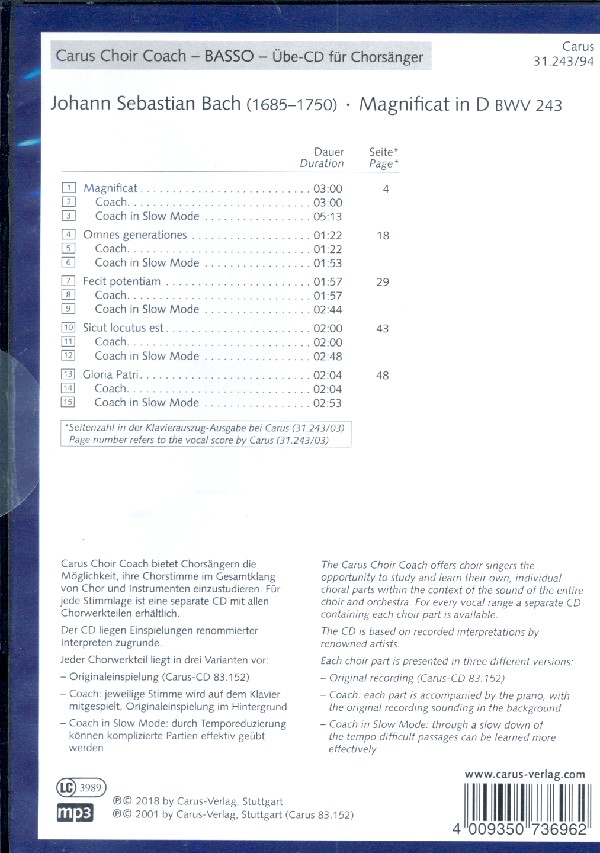 Magnificat BWV243 - Chorstimme Bass
