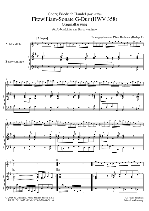 Fitzwilliam-Sonate G-Dur (HWV35) / Transpositionsvariante F-Dur