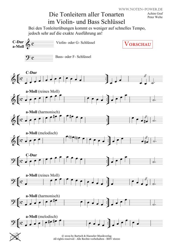 Die Tonleitern aller Tonarten im Violin- und Bass-Schlüssel