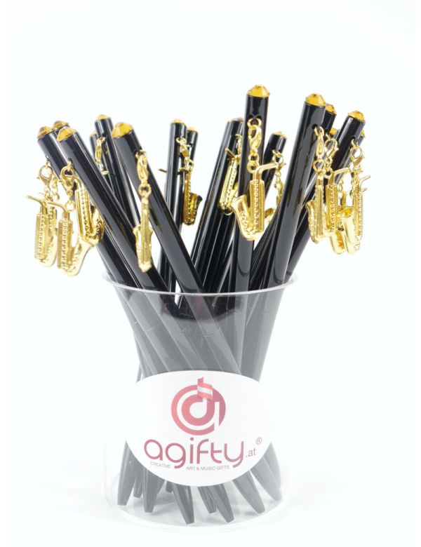 Kugelschreiber mit Anhänger Saxophon golden/Kristall