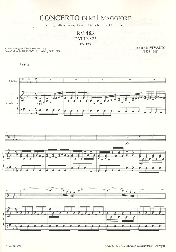 Konzert Es-Dur RV483 für Fagott, Streicher und Bc