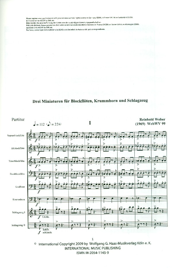 3 Miniaturen WebWV99 für Blockflöten (SATBGb),