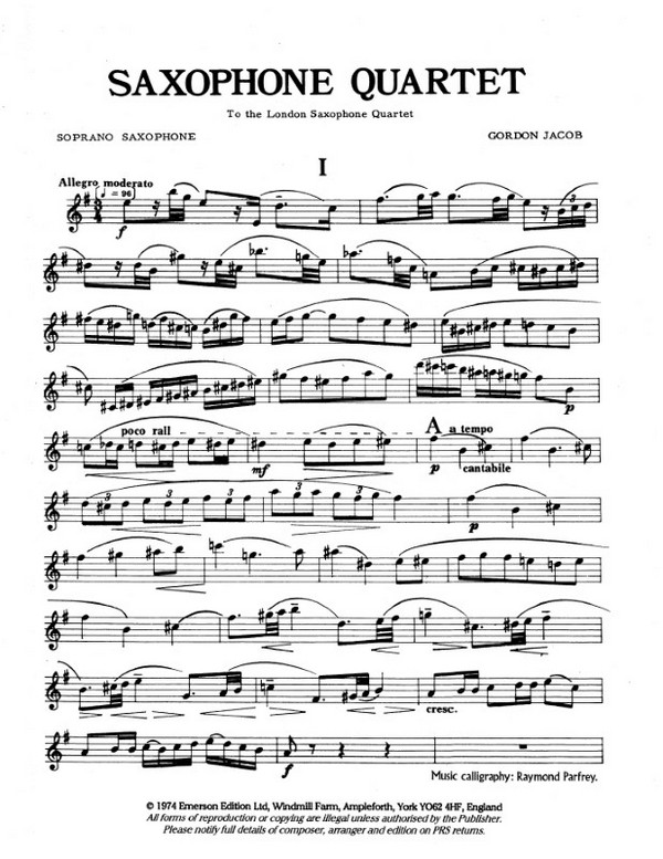 First Saxophone Quartet for soprano, alto, tenor