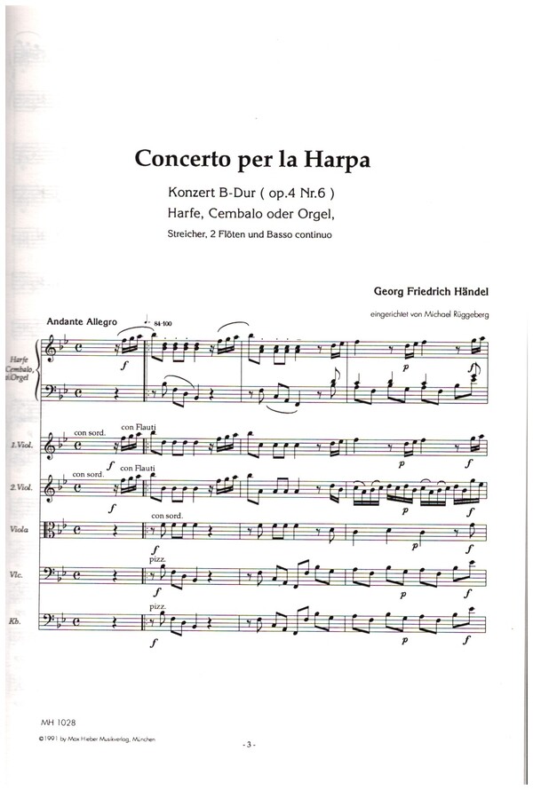Händel, G. F., Konzert für Harfe (Cembalo, Orgel) und Orchester B-Dur