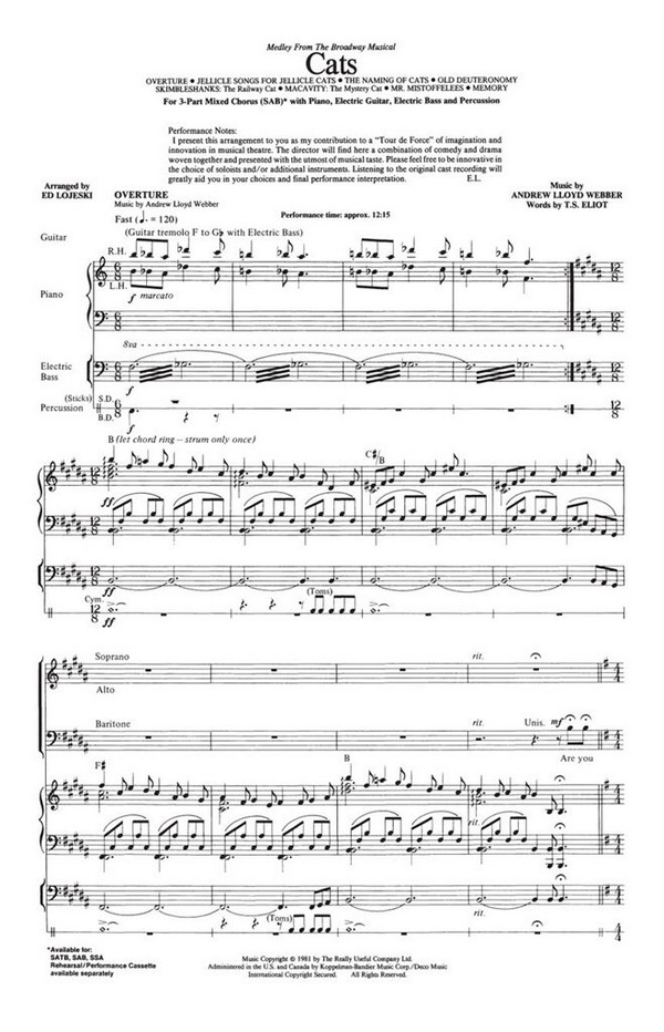 Cats Medley for mixed chorus, piano,