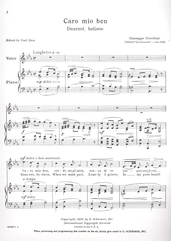 Caro mio ben  for medium voice and piano