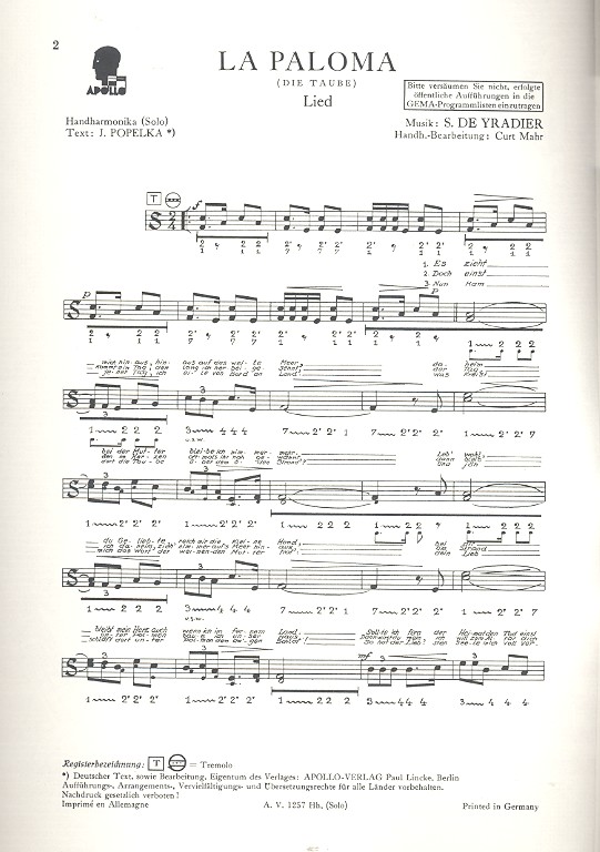La Paloma für Handharmonika