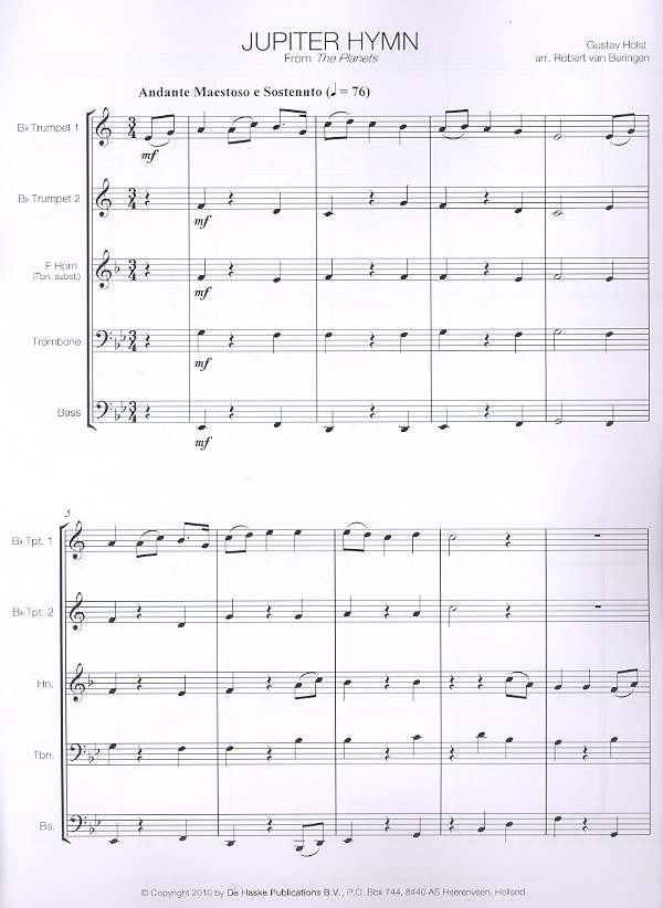 Jupiter Hymn für 2 Trompeten, Horn in F,