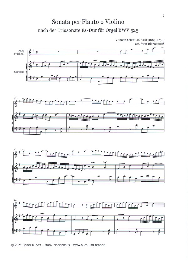 Sonata per flauto o violino nach der Triosonate Es-Dur BWV525