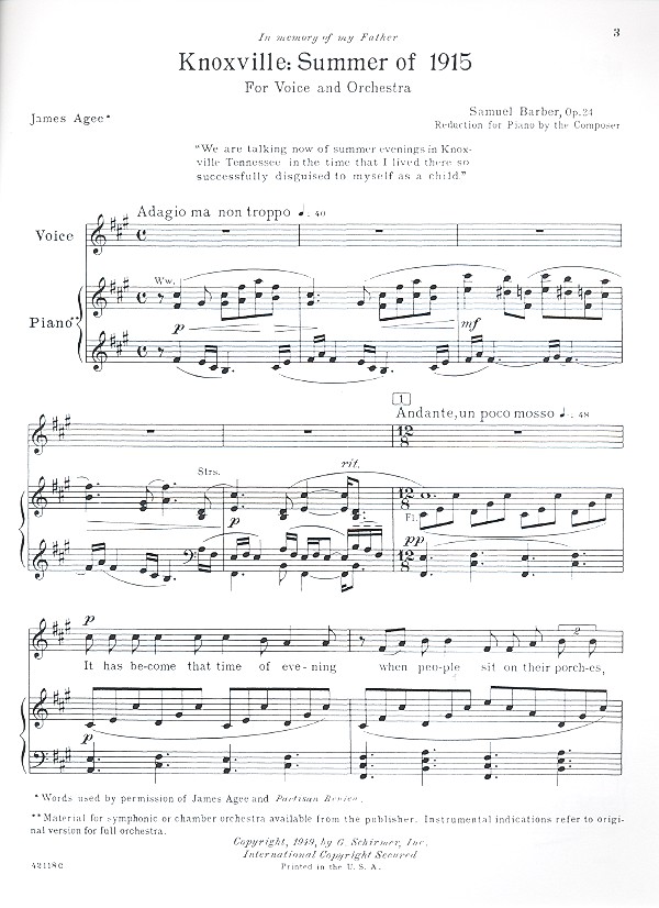 Knoxville Summer of 1915 for voice