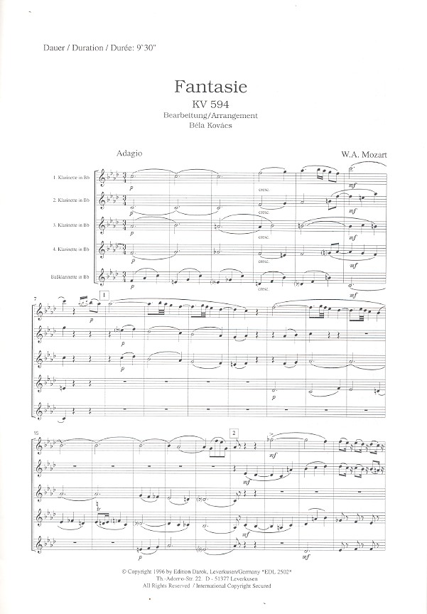 Fantasie KV594 für 4 Klarinetten
