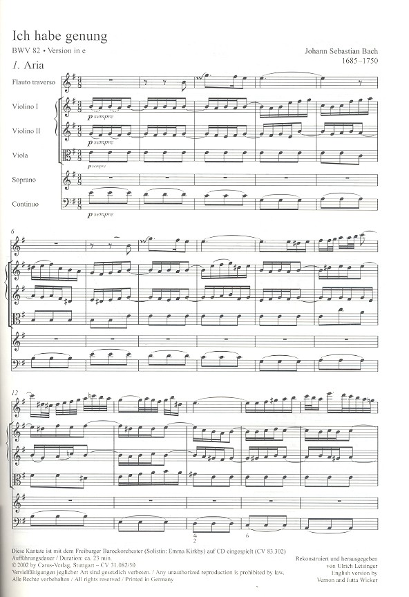 Ich habe genug  BWV82 Fassung 2 (e-Moll)