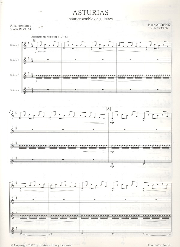 Asturias pour 4 guitares