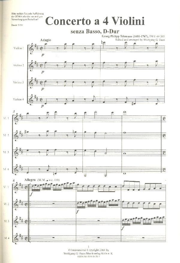 Concerto a 4 violini TWV40:203