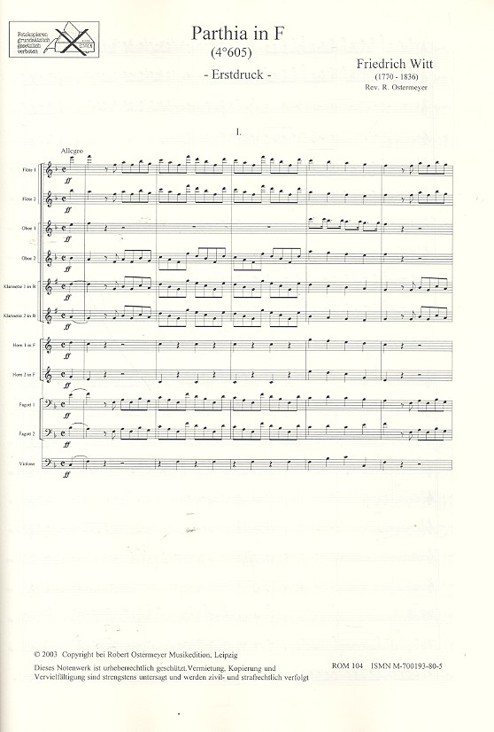 Parthia F-Dur Nr.605  für 2 Flöten, 2 Oboen,