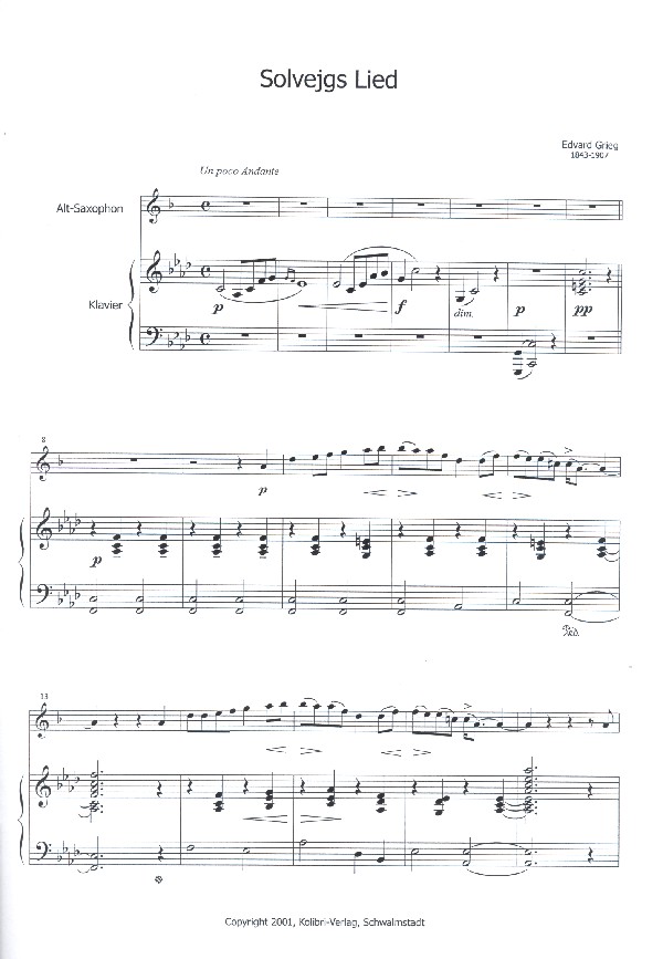 Solvejgs Lied für Altsaxophon und Klavier