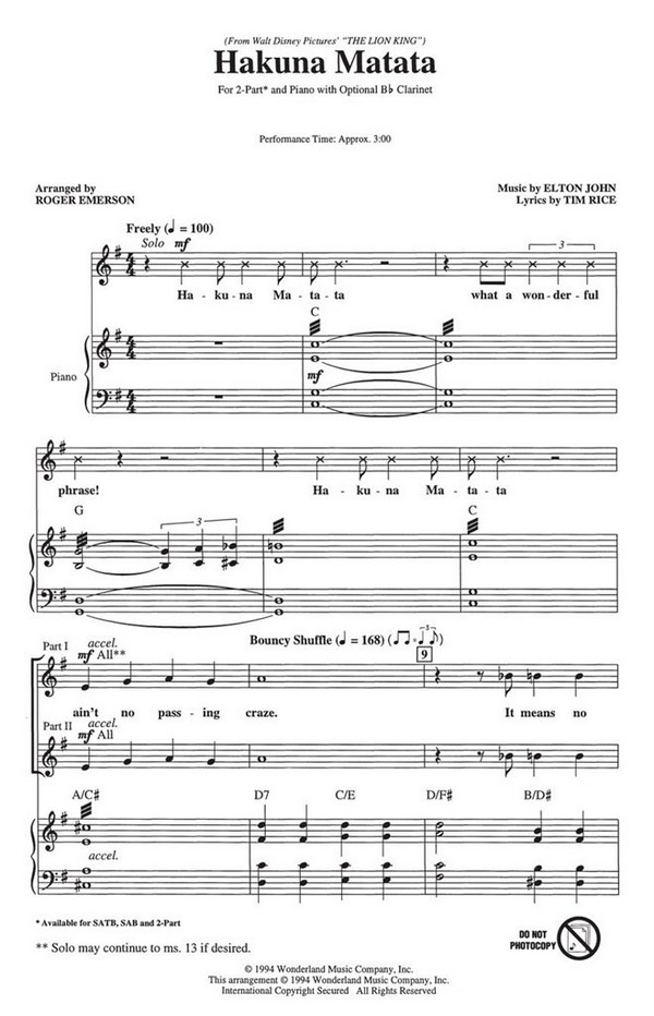 Hakuna matata for 2-part chorus