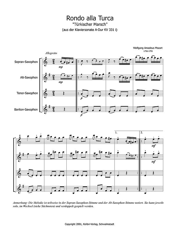Rondo alla turca für 4 Saxophone (SATB)