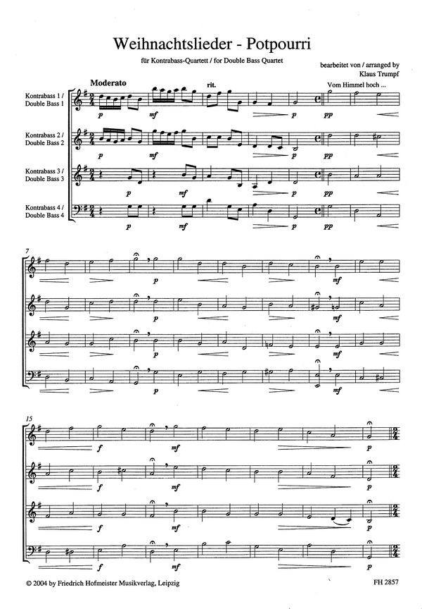 Weihnachtslieder-Potpourri für 4 Kontrabässe