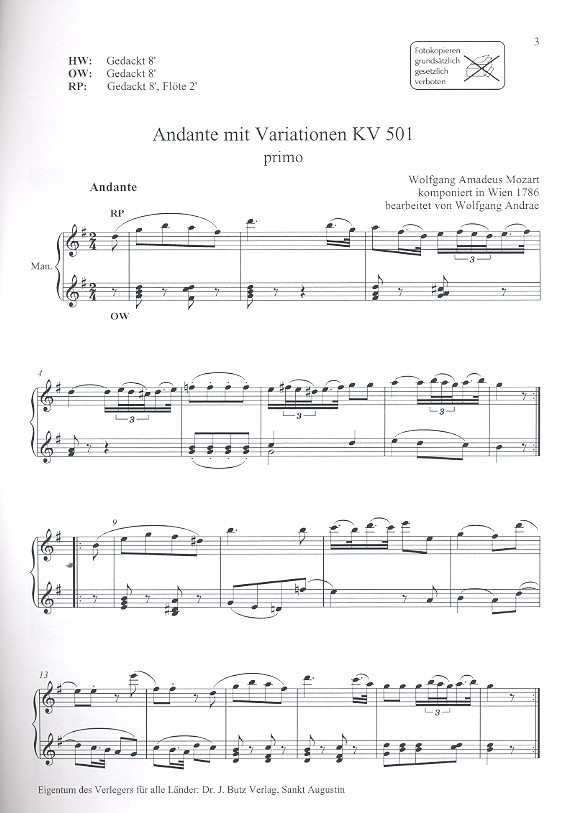 Andante mit Variationen KV501 für Klavier zu 4 Händen