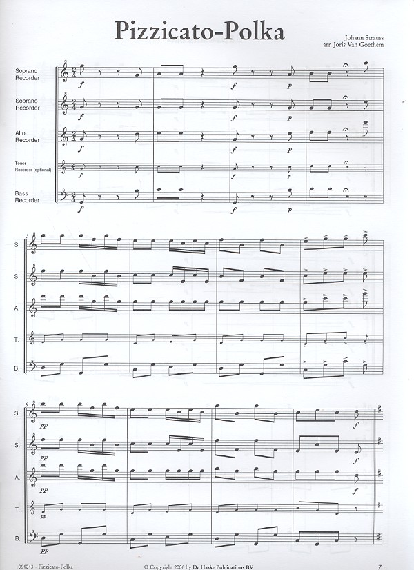 Pizzicato-Polka für 4 Blockflöten