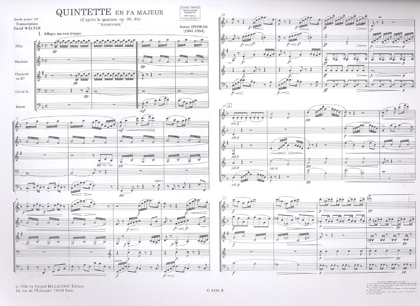 Quintette fa majeur d'après le quatuor op.96 dit Americain