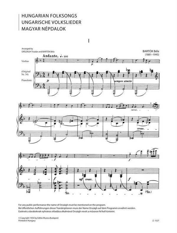 Ungarische Volkslieder für Violine