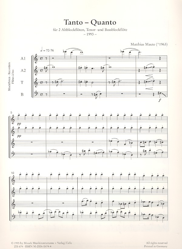 Tanto-Quanto für 4 Blockflöten (AATB)