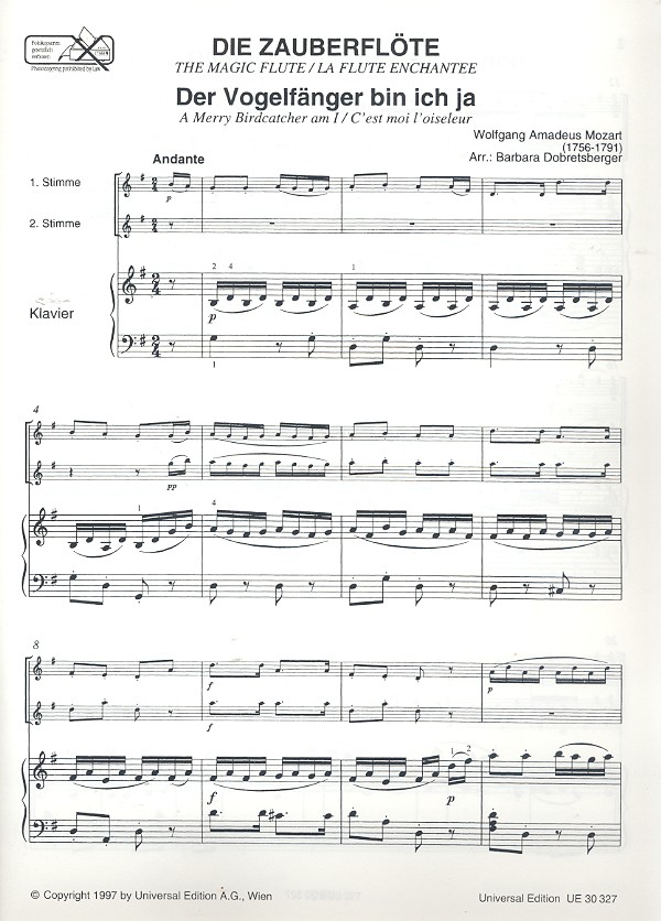 Die Zauberflöte für 2 Violinen (Fl) und Klavier