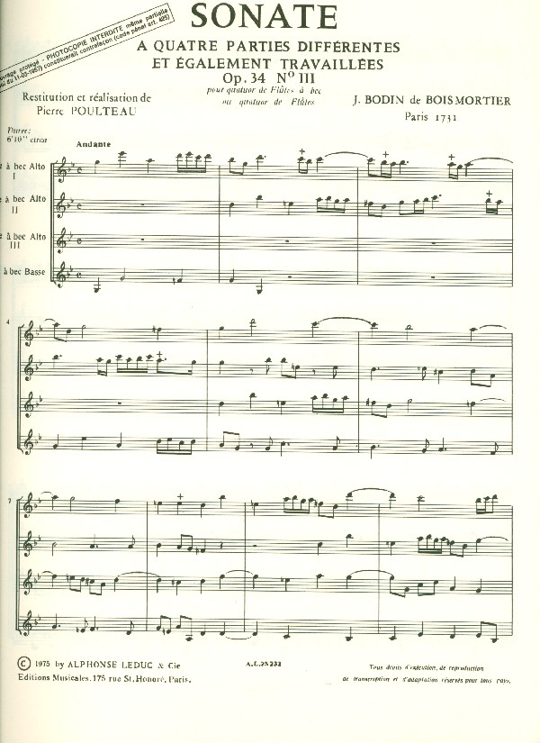 Sonate op.34,3 pour 4 flutes a bec  (AAAB)