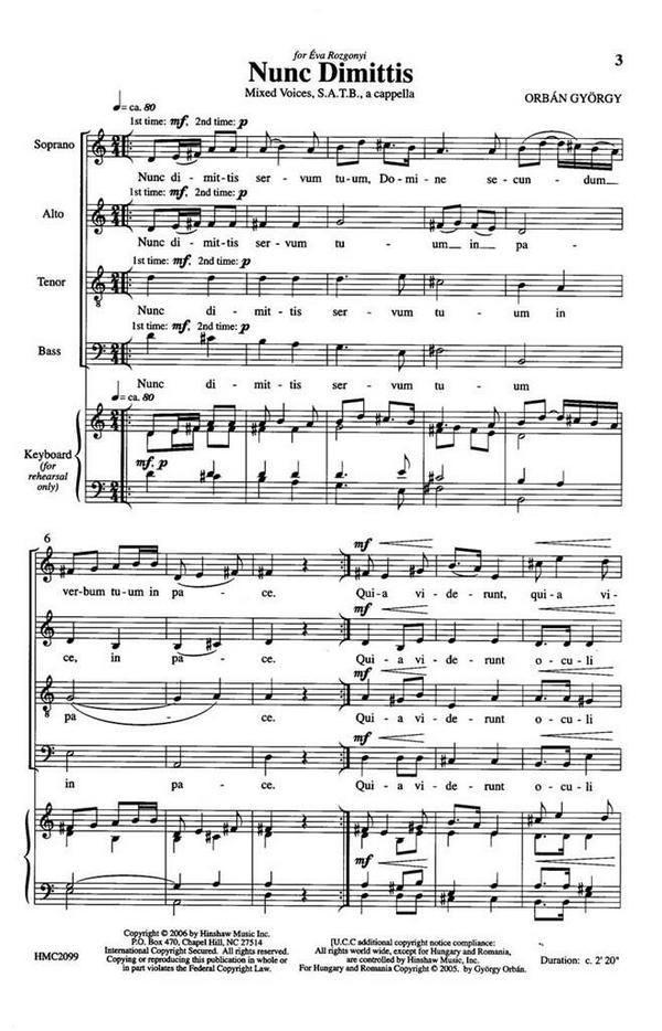 Nunc dimitttis for mixed chorus a cappella