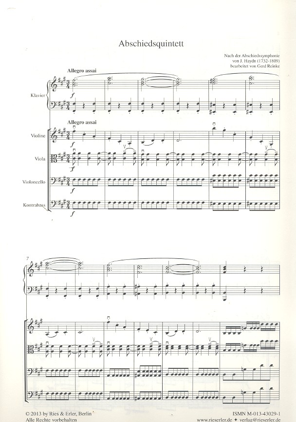 Abschiedsquintett nach Hob.I:45 für Violine,