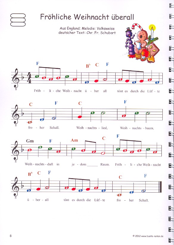 Bekannte Weihnachtslieder mit farbigen Noten