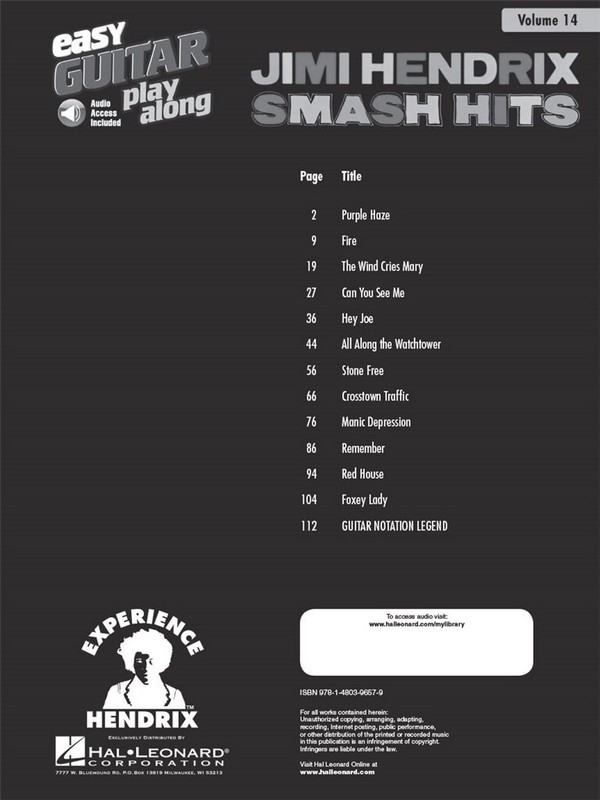 Jimi Hendrix - Smash Hits  (+audio access): easy guitar playalong vol