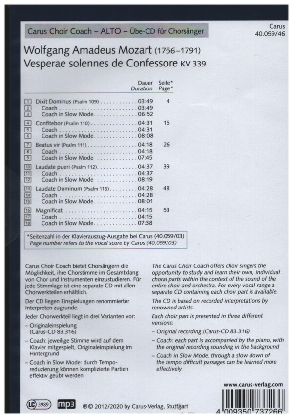 Vesperae solennes de confessore KV339 - Chorstimme Alt