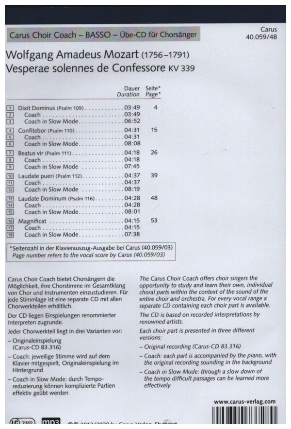 Vesperae solennes de confessore KV339 - Chorstimme Bass