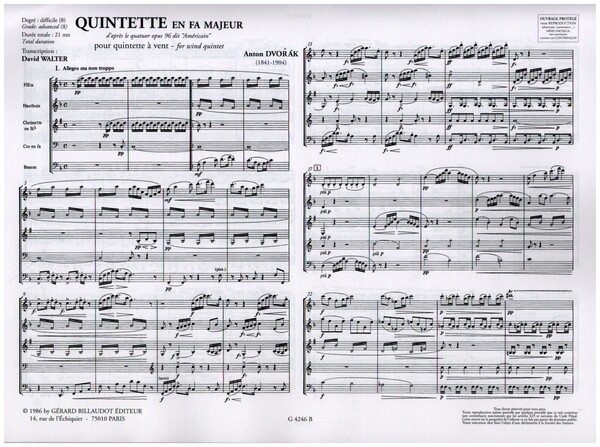 Quintette en fa majeur d'après le Quatuor op.96 dit "Américain"